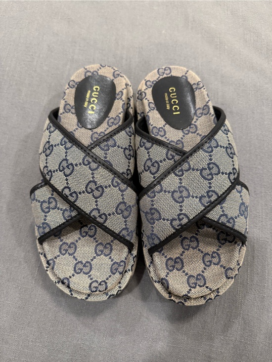 None Shoes - GG navy & Beige Canvas Cross-Strap Sandals